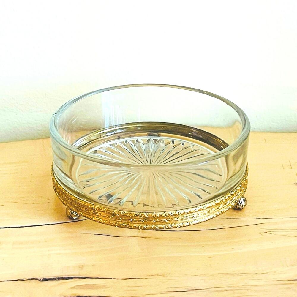 Vtg Footed Glass Filigree Vanity Powder Box Bowl Dish Dresser Catch-All Trinket